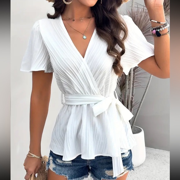 White Short Sleeve Belted Ruffle Hem Blouse - Picture 7 of 8